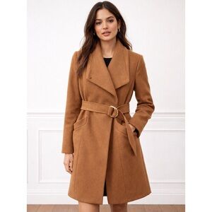 Mango Camel Brown Wool-Blend Trench Coat with Belt